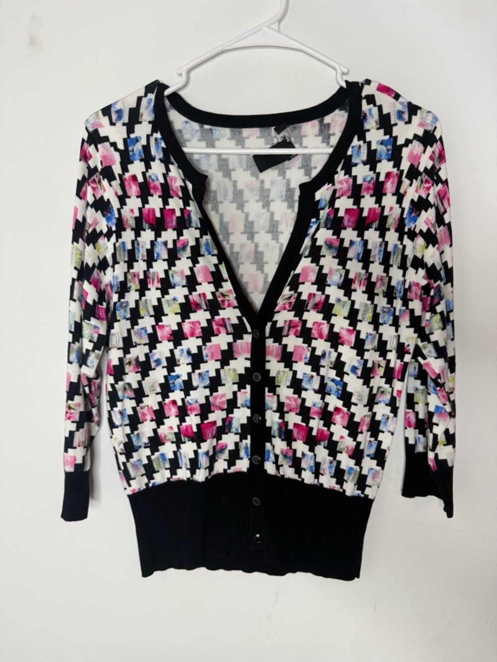 Black Multi Houndstooth Print Women's Cardigan Sweater